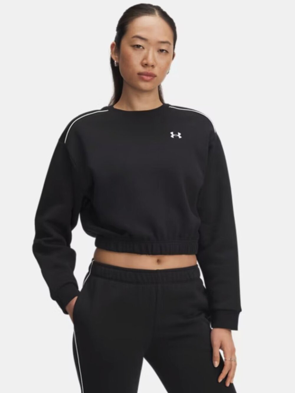 Under Armour Black Cropped Rival Fleece Piped Crewneck Sweatshirt